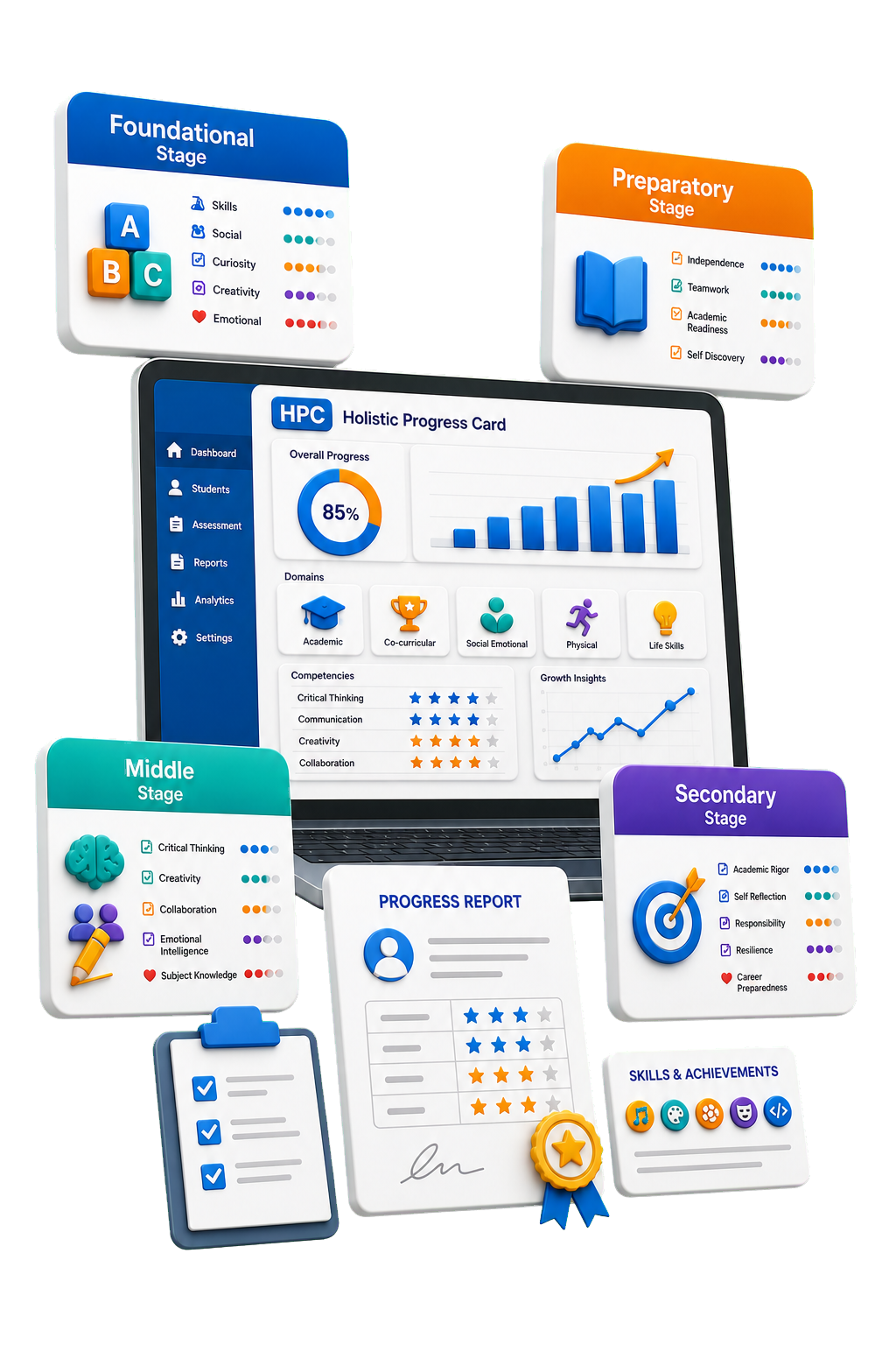 Holistic progress card FAQ visual with student report dashboard